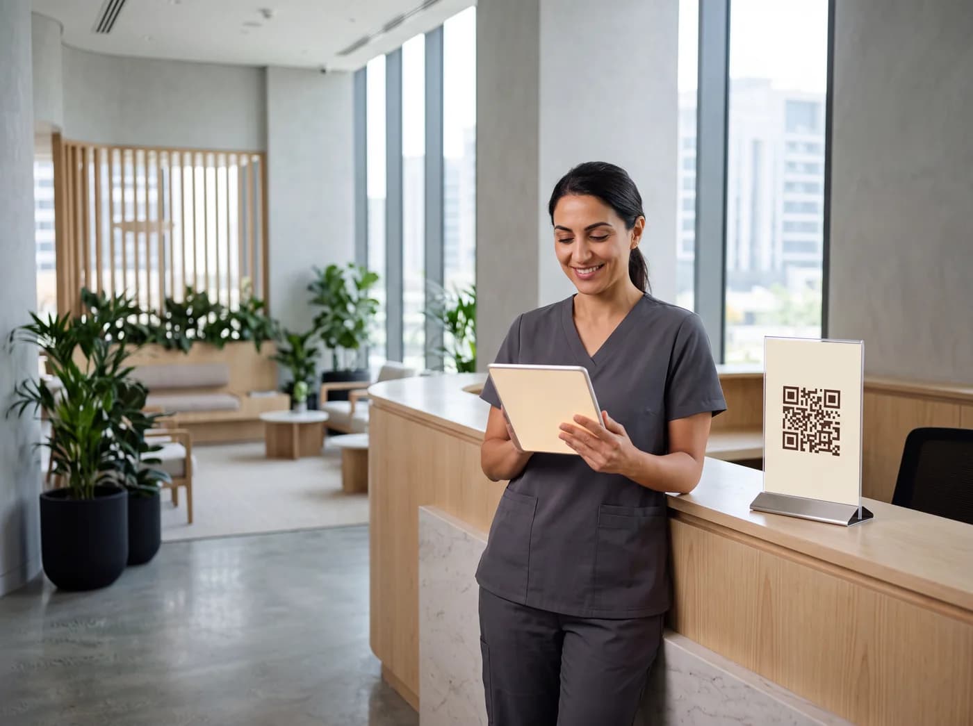 A clinic practice manager stands behind a bright reception counter reviewing a tablet, a small QR code sign beside her — the clinic side of the same payment