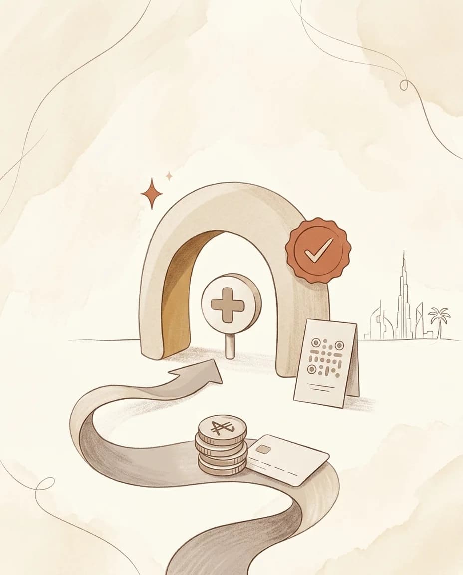 A calm illustration of a clinic sheltered under an arch, with dirham coins and a bank card flowing in along a curved arrow, an approval checkmark seal and a QR placard for checkout