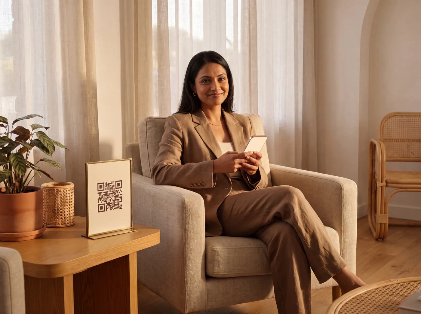 A patient sits relaxed in an armchair in a sunlit clinic lounge, phone in hand, beside a small QR code sign on the side table — taking her time over a monthly plan