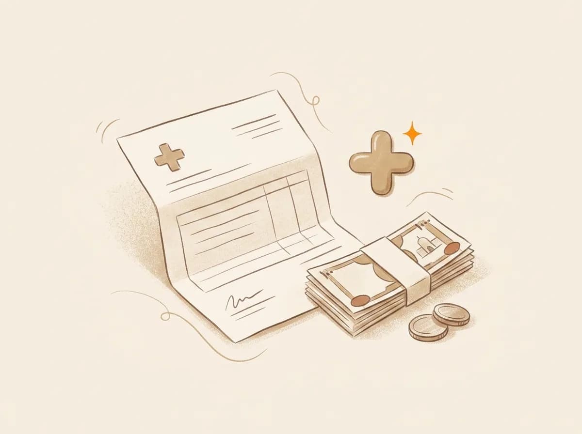 An illustrated treatment plan beside a stack of dirham notes and a rounded plus-cross