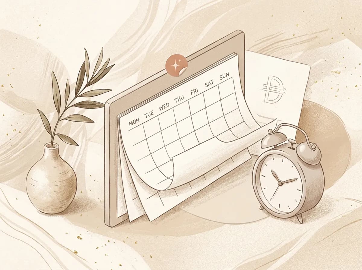 An illustrated tear-off calendar beside a small alarm clock