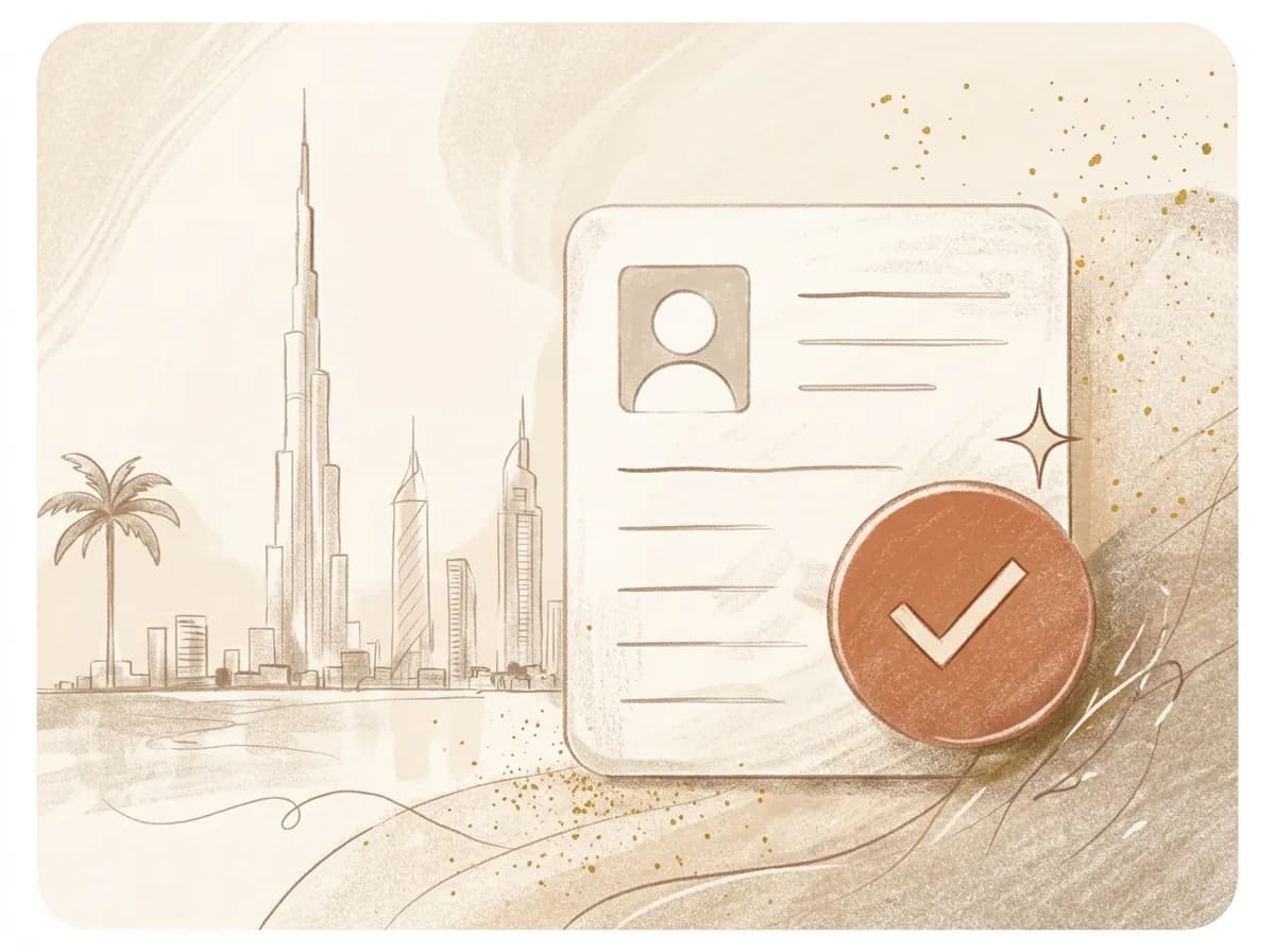 An illustrated Emirates ID card with an approval checkmark and the Dubai skyline