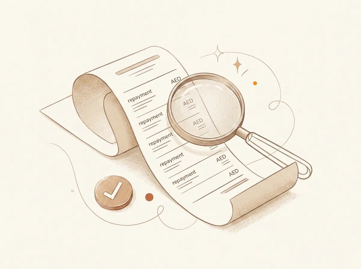 An illustrated itemized receipt under a magnifying glass with a checkmark