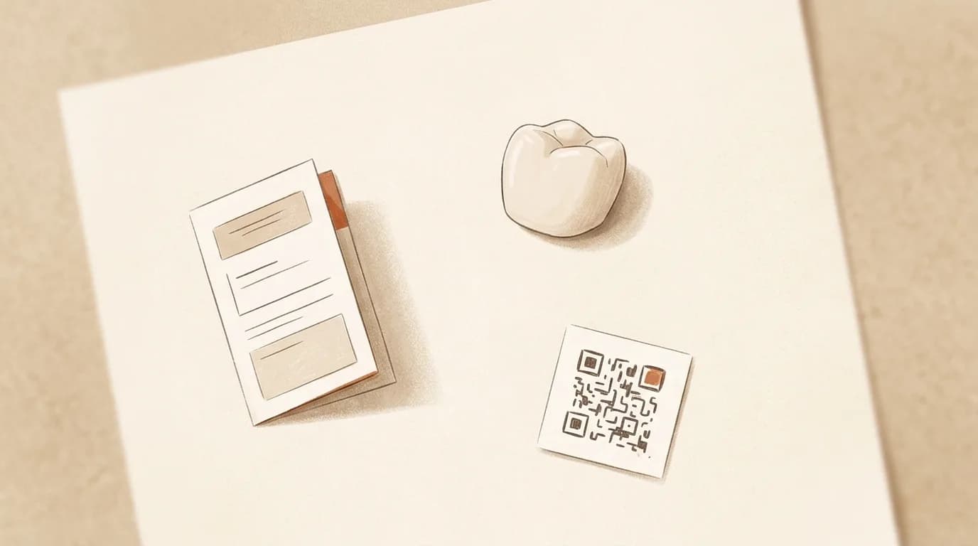 A dental treatment plan on a clipboard beside a QR-code financing card on the reception counter