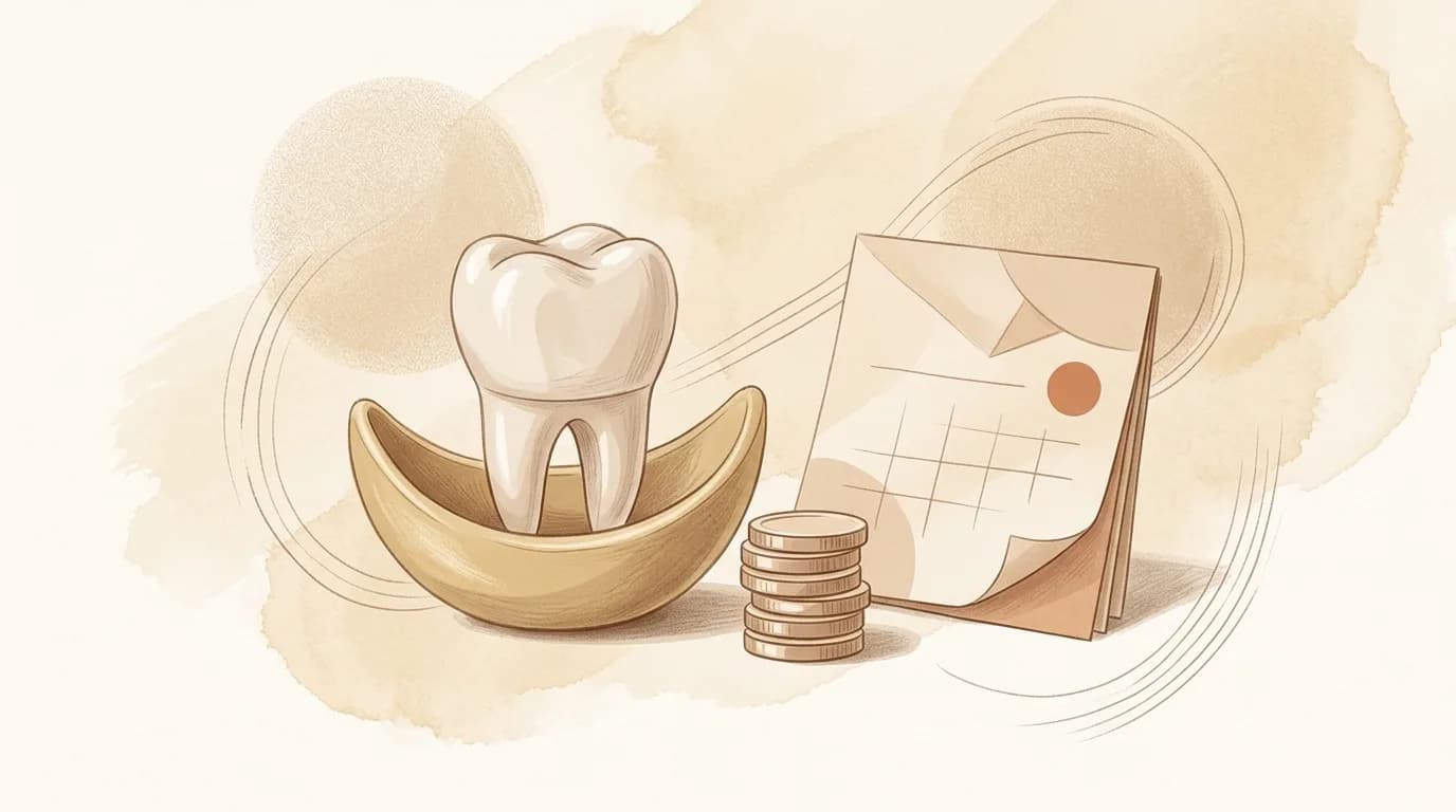 A titanium dental implant and porcelain crown resting on a clean clinic tray in warm light