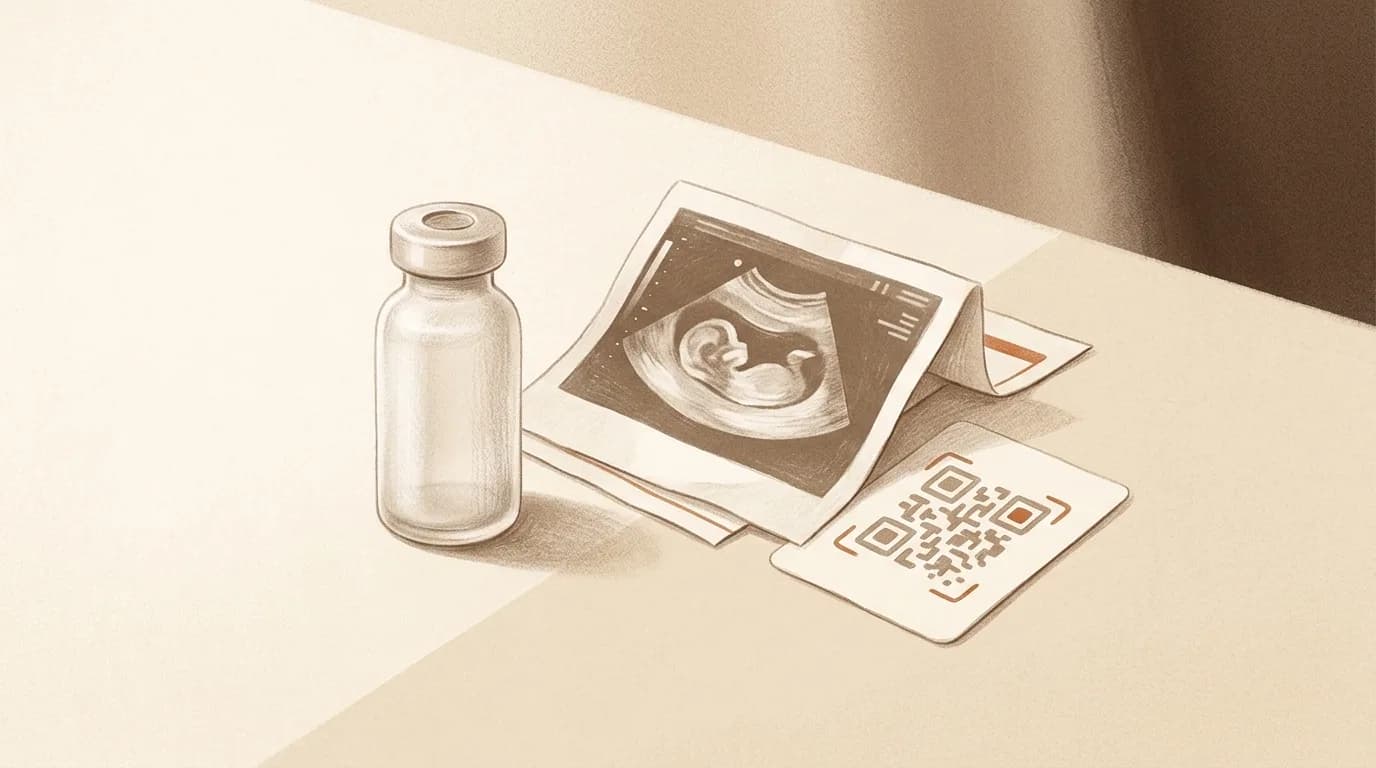 A calm fertility-clinic consultation desk with a small QR code card beside a single frosted glass vial and a folded ultrasound printout on warm cream paper