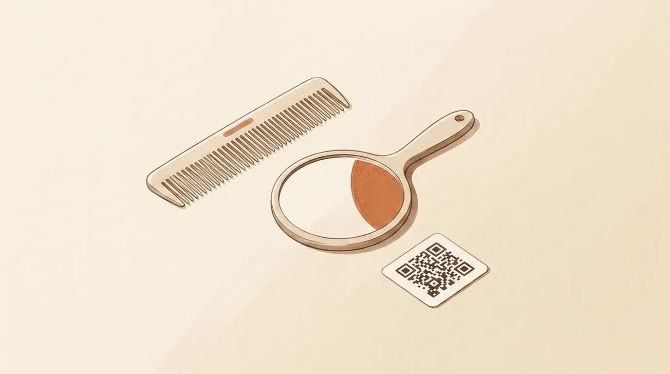 A QR code card beside a fine-tooth comb and a round hand mirror on a warm hair-clinic counter.
