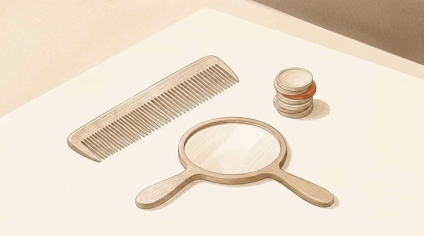 A still life of an implanter pen, a magnifier, and a graft-count sketch on a clinic desk