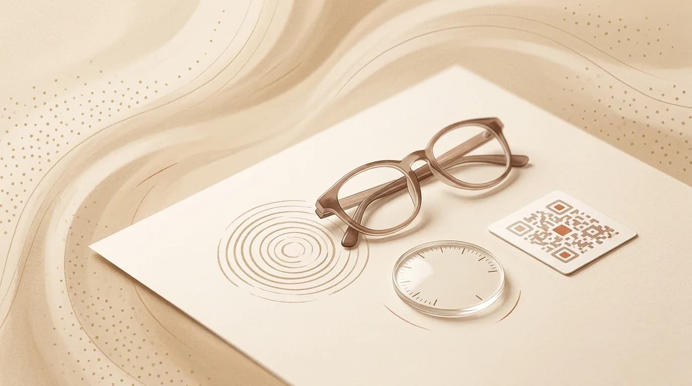A QR code card beside a pair of folded eyeglasses and a clear trial-lens frame on a warm ophthalmology consultation surface.