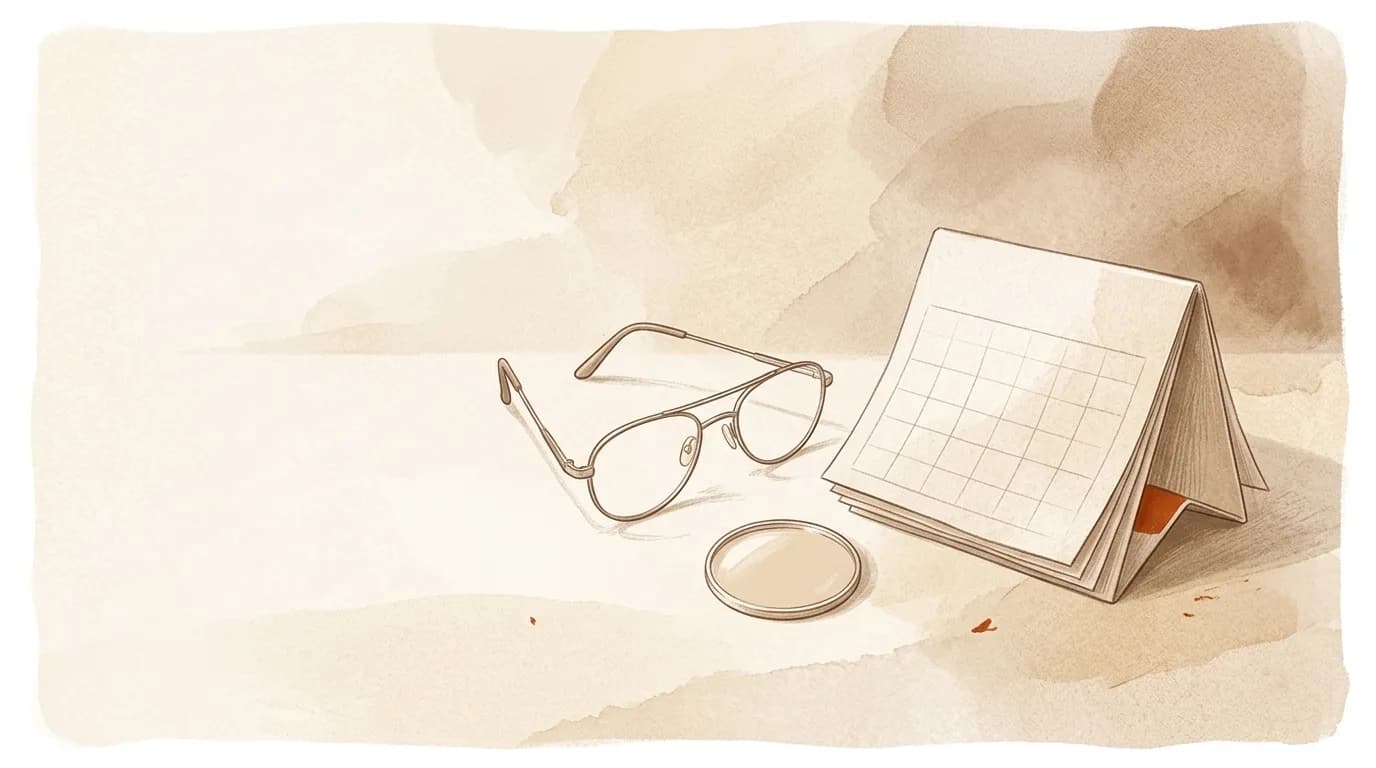Folded eyeglasses resting on a clean surface, catching soft window light.