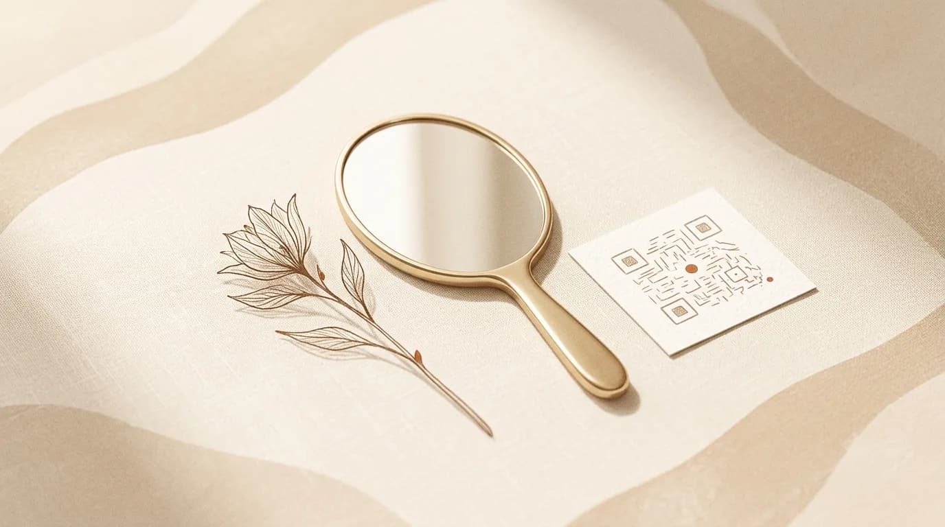A slim gold-framed mirror, a QR code card and a single orchid stem on warm cream paper with one terracotta accent
