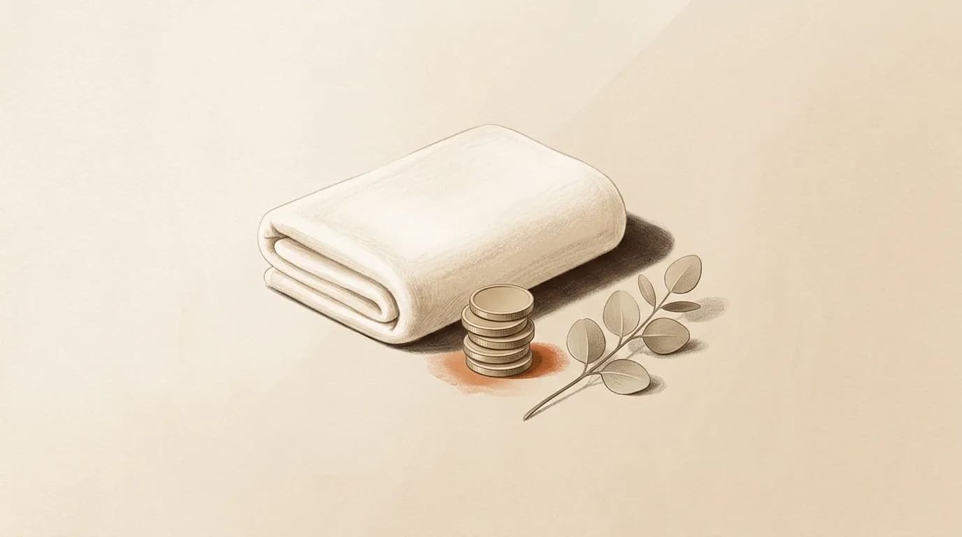 A matte calculator beside a small ceramic dish and an olive sprig on warm paper, one terracotta accent