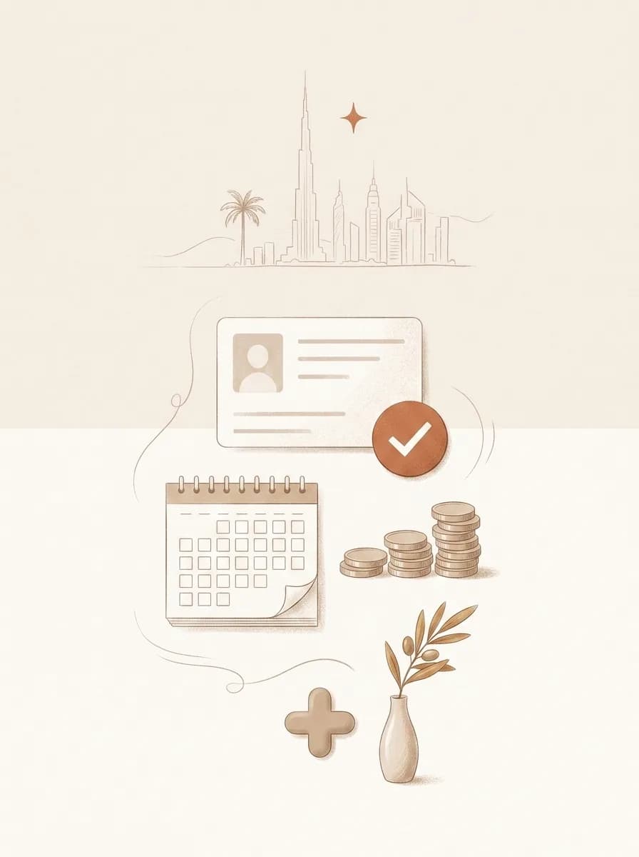 A calm illustration of an Emirates ID with an approval checkmark, a monthly calendar, a stack of dirham coins and an olive sprig, over a faint Dubai skyline