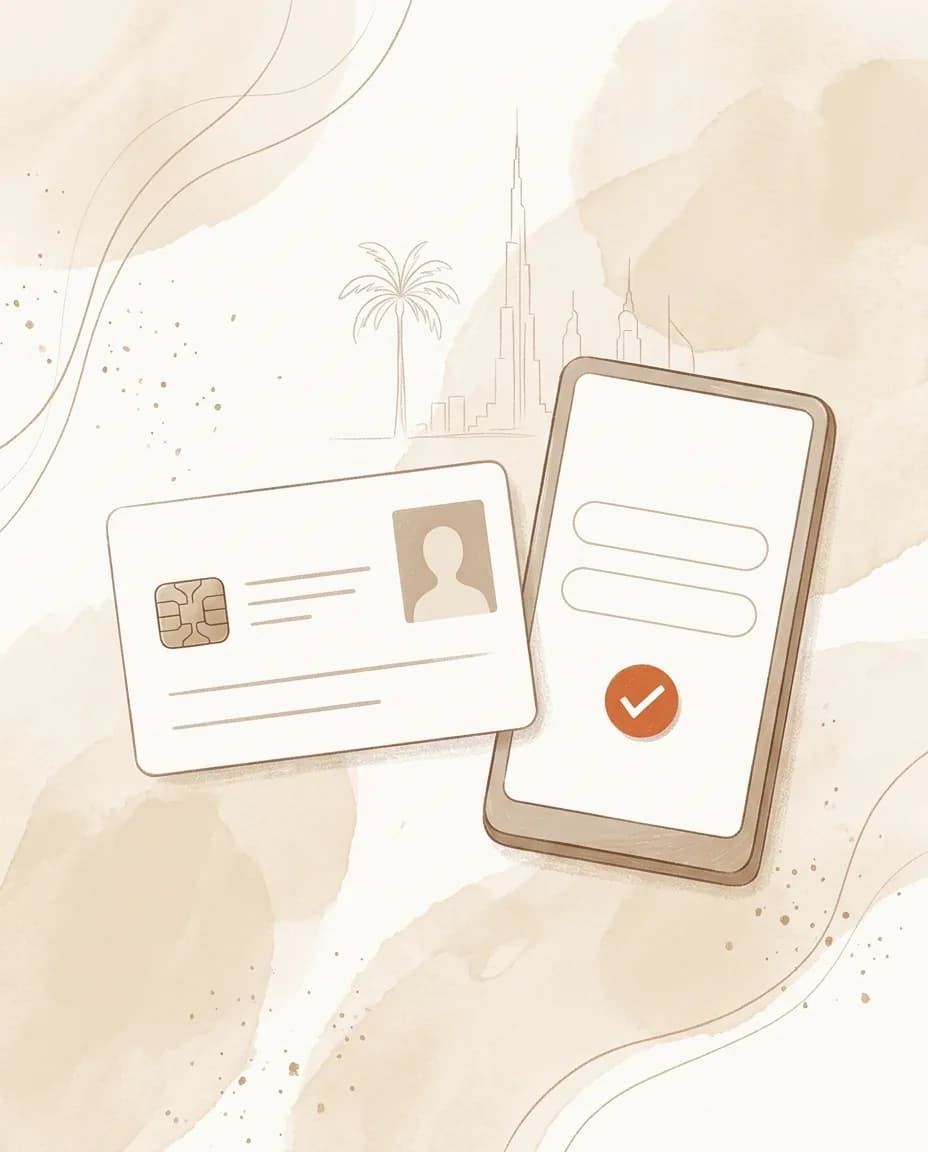 An illustration of a blank ID card and a phone showing a short application, with an approval check