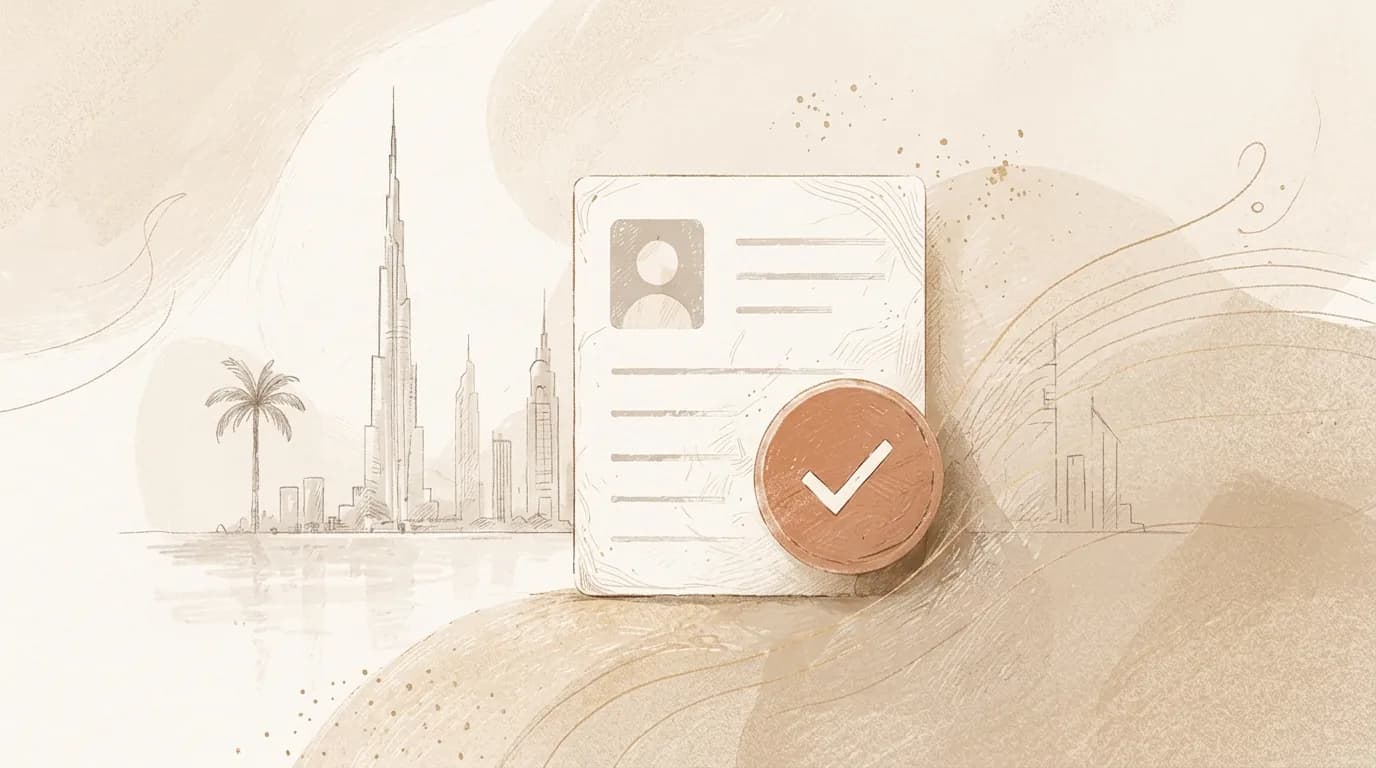 Emirates ID, an approval check and a Dubai skyline, drawn in the warm Hazel illustration style