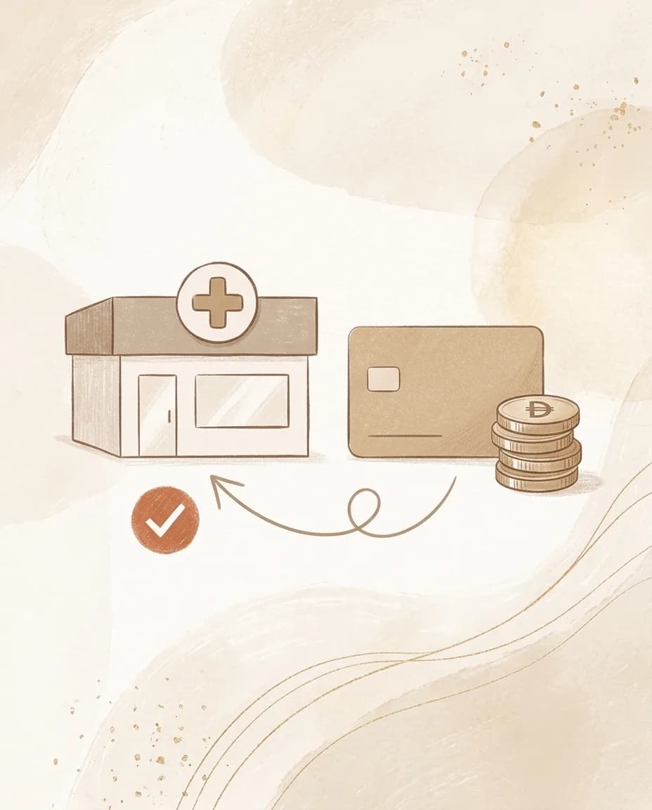 An illustration of a clinic building being paid directly, with a bank card and dirham coins