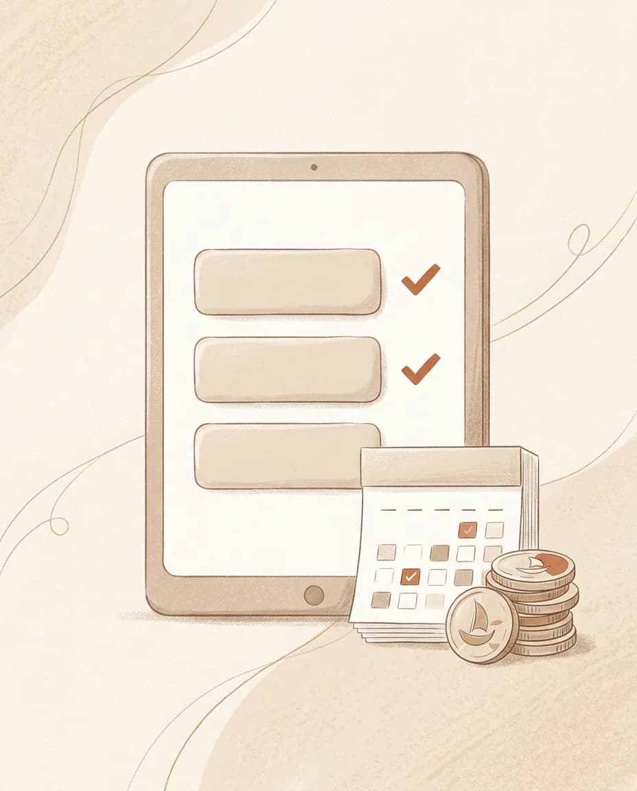 An illustration of a phone showing repayment options, with a calendar and coins