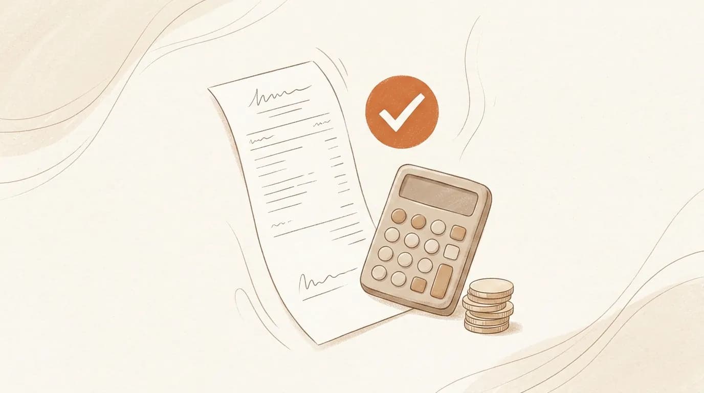 A calculator, an invoice and an approval check, drawn in the warm Hazel illustration style