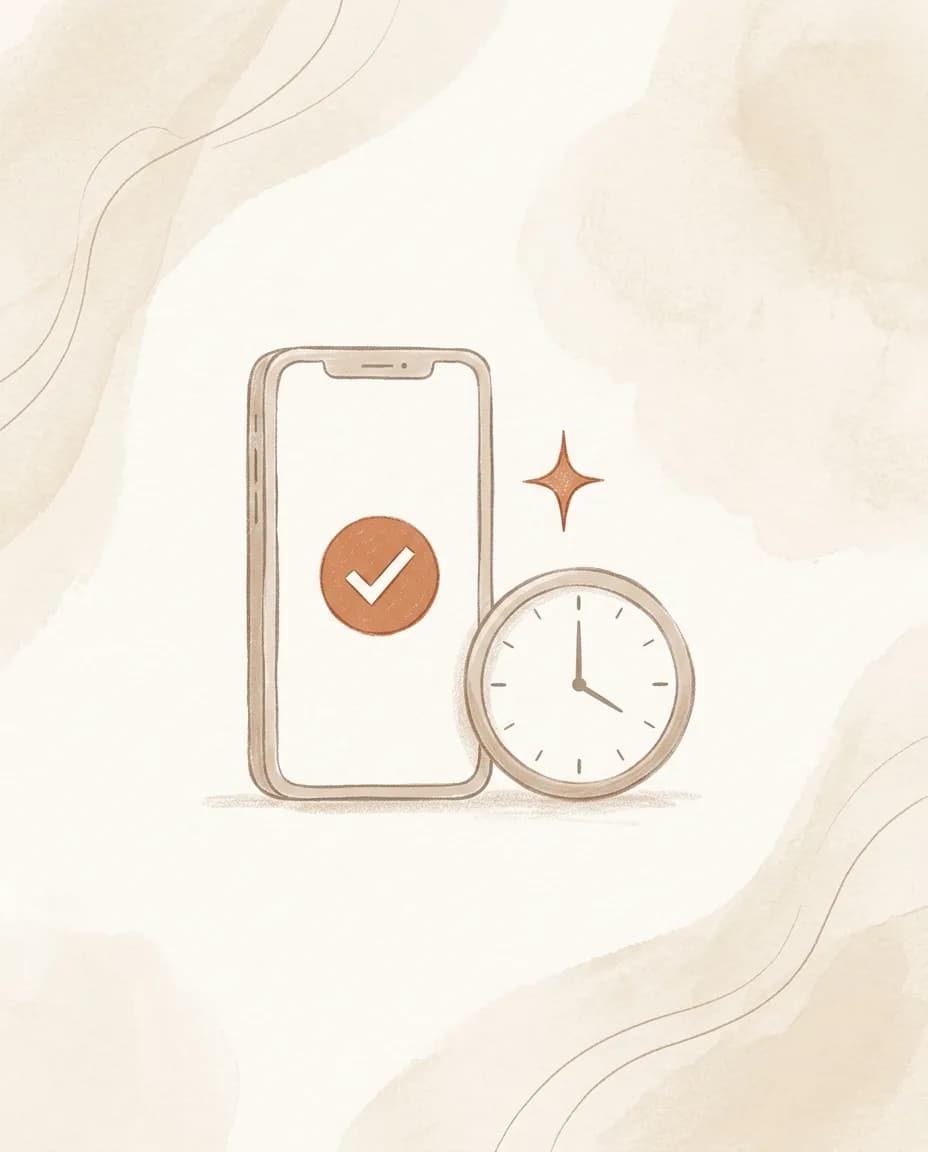 An illustration of a phone showing an approval checkmark beside a clock