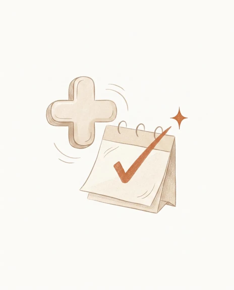 An illustration of a health plus-cross and a calendar marked with an approval check