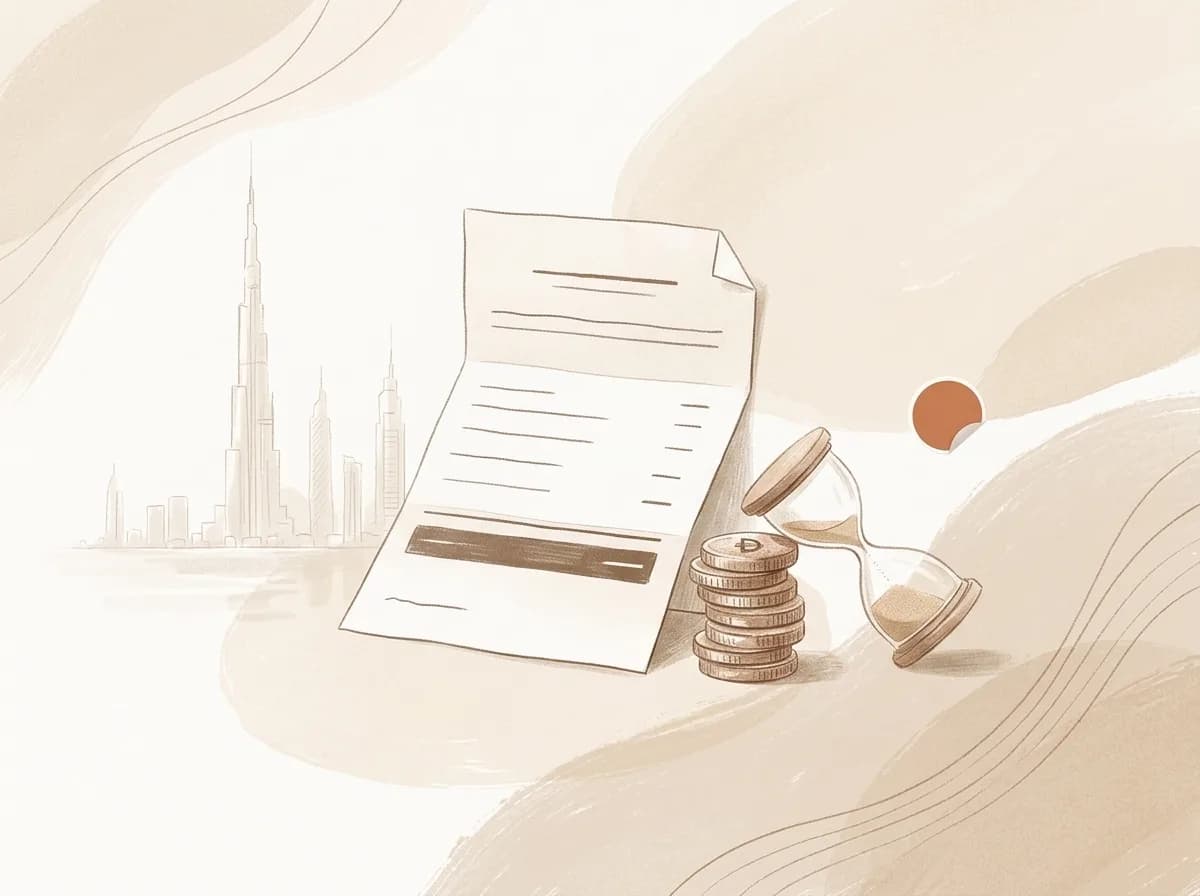 An illustration of a treatment-plan quote with a heavy bottom-line total, a stack of dirham coins that falls just short, and a tipped hourglass, over a faint Dubai skyline