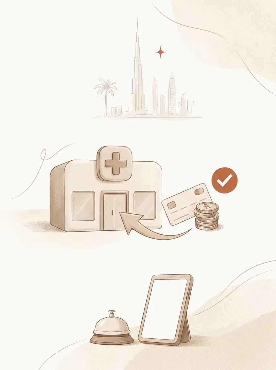 A calm illustration of a clinic with a health cross, a bank card and dirham coins flowing in with an approval checkmark, and a reception bell beside a point-of-care tablet, over a faint Dubai skyline
