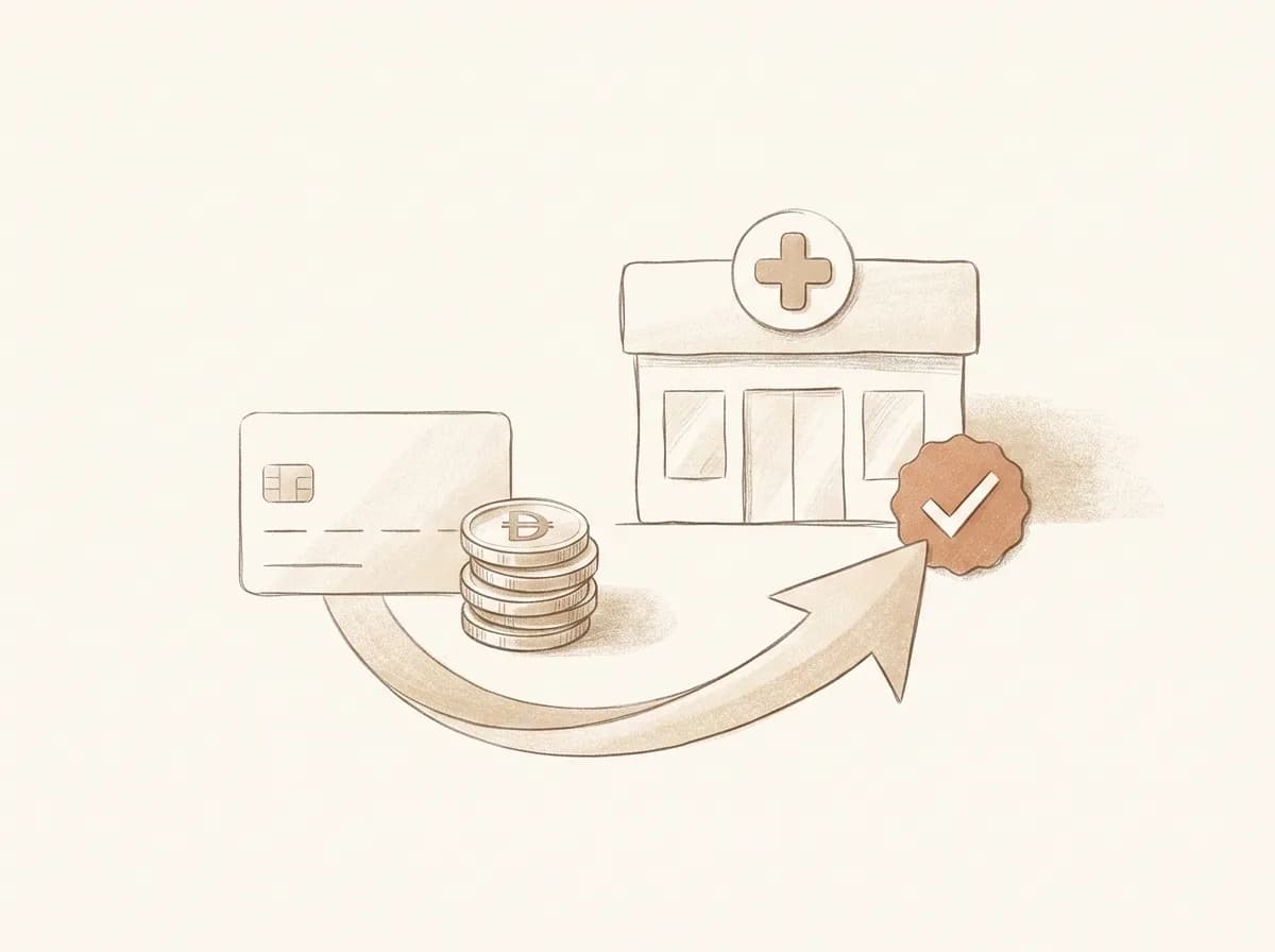 An illustration of a bank card and dirham coins flowing along a curved arrow into a clinic marked with a health cross, beside a terracotta approval checkmark