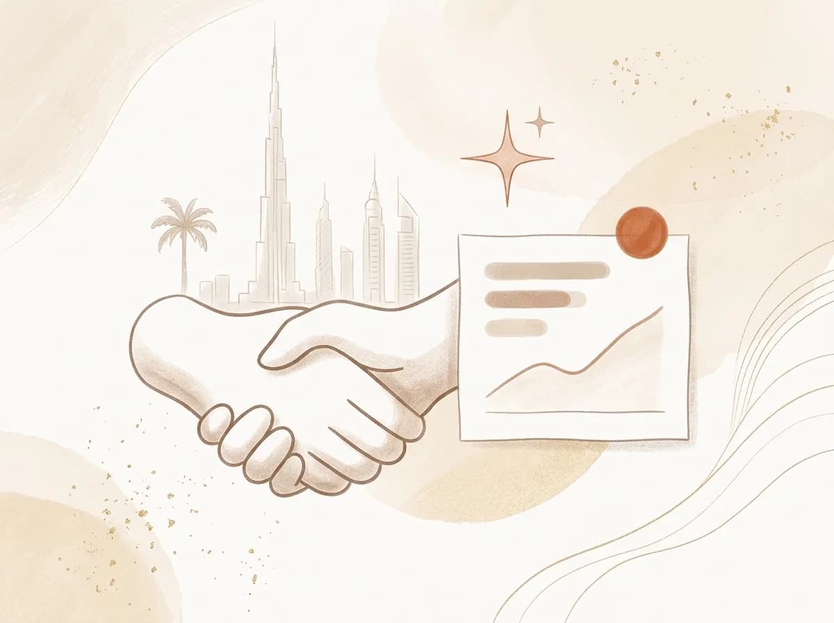 An illustration of two hands clasping in a handshake beside a dashboard card with a rising trend line and a spark, over a faint Dubai skyline