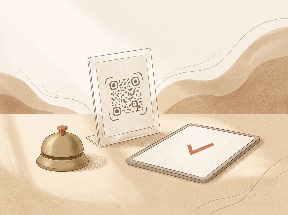 An illustration of a reception desk with a bell, a standing QR-code placard and a point-of-care tablet showing a terracotta approval checkmark