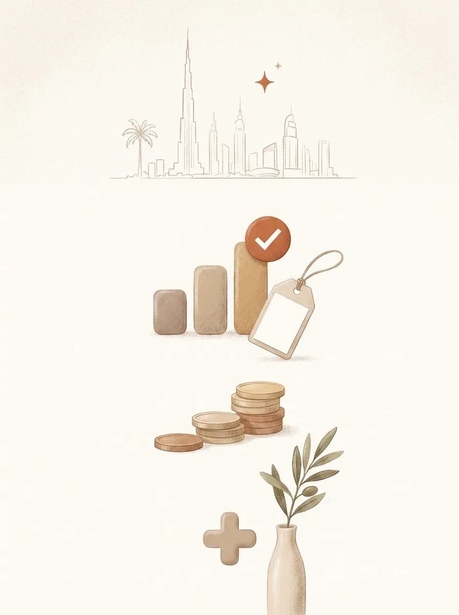 A calm illustration of a rising price-range bar chart with an approval checkmark and a blank price tag, a stepped stack of dirham coins, and a health cross beside an olive sprig, over a faint Dubai skyline